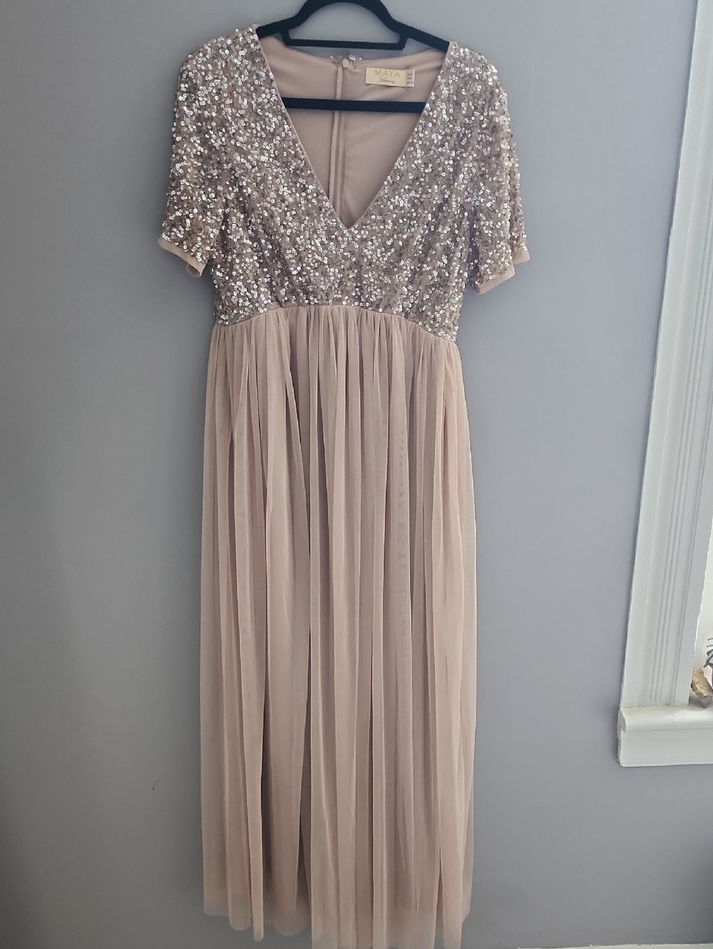 Maya Blush Sequin Bodice Tulle Maxi Dress with V-Neck
